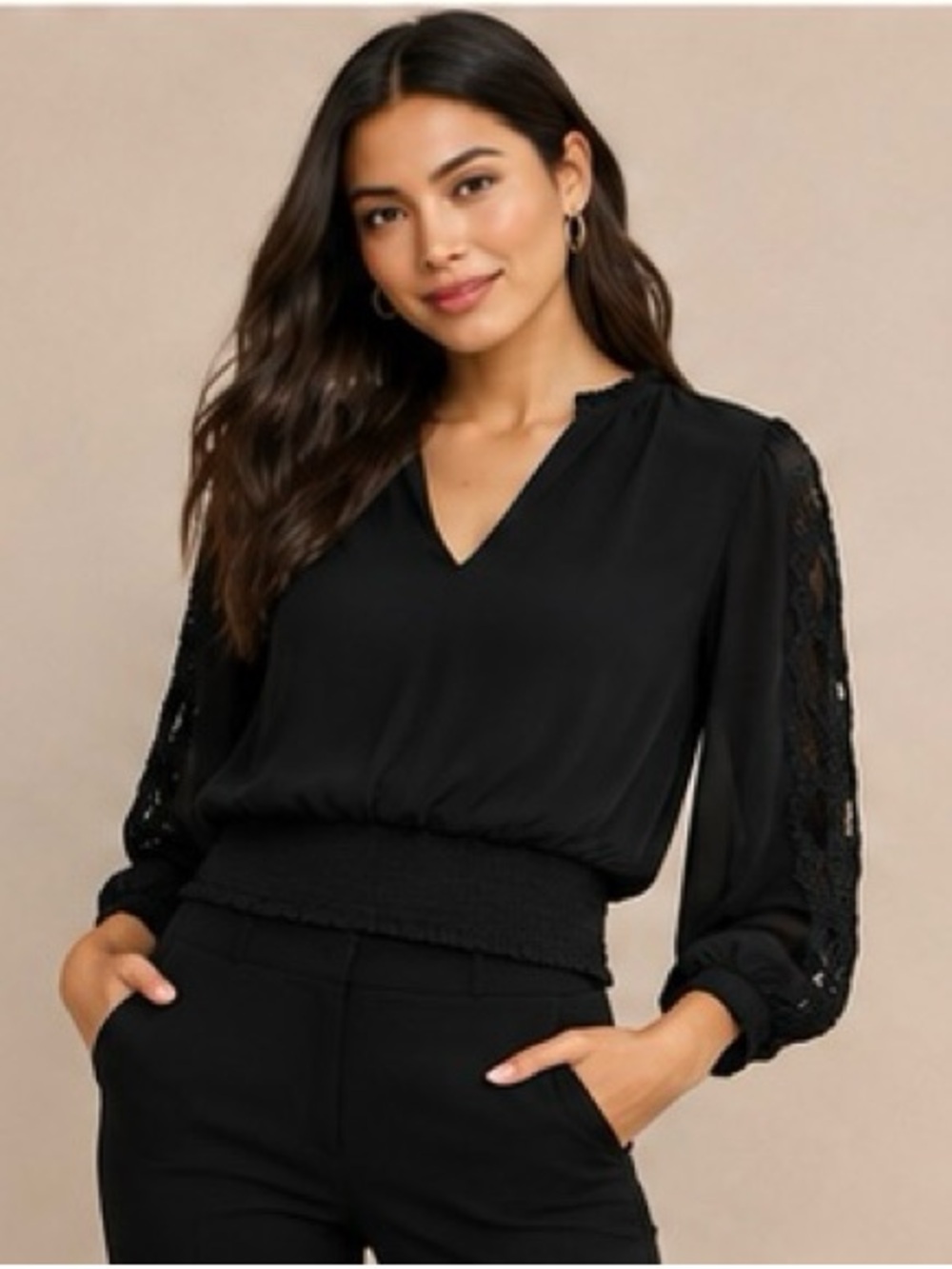 Elie Tahari Black Lace Sleeve Smocked Waist Blouse XS